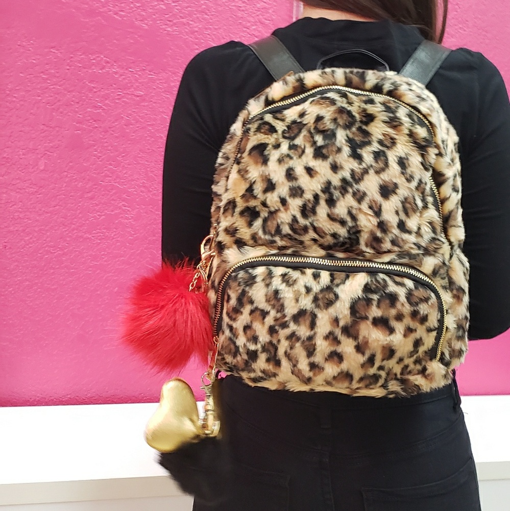 FAUX FUR ANIMAL PRINT Backpack NWT FREE POM POM!